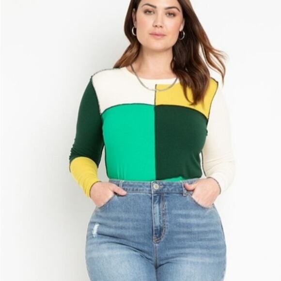 Eloquii‎ Green Yellow Black Patchwork Color Block Top, size 18/20 2X NWT - Picture 1 of 9